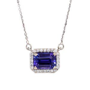 Tanzanite Necklace in Solid 14K White Gold with Natural Diamond Halo